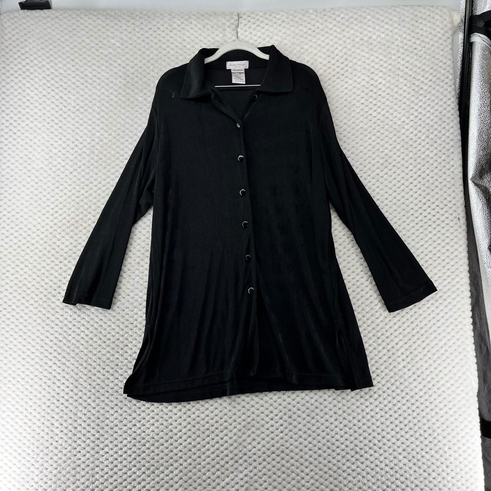 Brylane Woman Collection Top Button Down Duster Long Sleeve Slinky Black M Petit